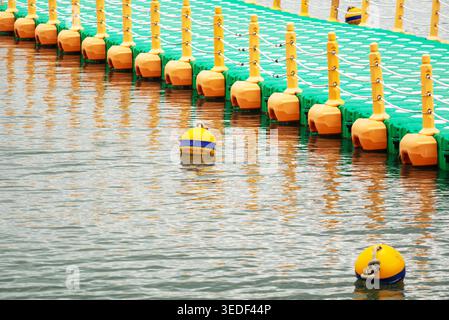 Des bouées colorées bordent un quai flottant dans des eaux calmes, reflétant des nuances vibrantes. Parfait pour transporter des loisirs, la sécurité et les activités nautiques à Leisur Banque D'Images