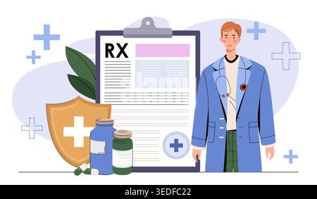 Concept de prescription médicale. Un homme en uniforme médical se tient à côté de bouteilles de pilules. Le thérapeute rédige une prescription pour le patient. Santé et Illustration de Vecteur