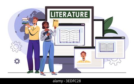 Matière scolaire de littérature. Femme et homme avec pile de livres dans les mains. Amour de la lecture. Éducation et développement personnel. Sagesse et connaissance. Plat Illustration de Vecteur