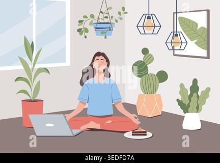 Femme travaillant à domicile. Fille assise dans la pose de lotus avec ordinateur portable. Freelance et travailleur à distance gagne de l'argent en ligne. Lieu de travail confortable. Vecteur plat Illustration de Vecteur