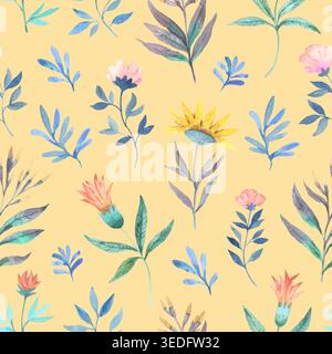 Motif sans couture avec des fleurs abstraites élégantes et mignonnes sauvages. Aquarelle illustration dessinée à la main Banque D'Images
