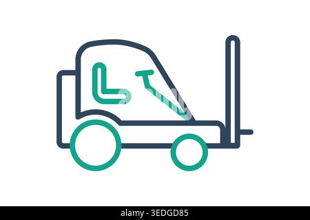 Icône de dessin au trait d'un chariot élévateur à fourche. Cadre bleu marine avec roues sarcelle et détail de direction. Illustration vectorielle propre pour les opérations d'entrepôt, levage Illustration de Vecteur