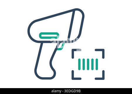 Icône de dessin au trait d'un lecteur de codes-barres portatif et symbole de code. Design minimaliste bleu marine et sarcelle pour la gestion des stocks, la numérisation au détail et les journaux Illustration de Vecteur