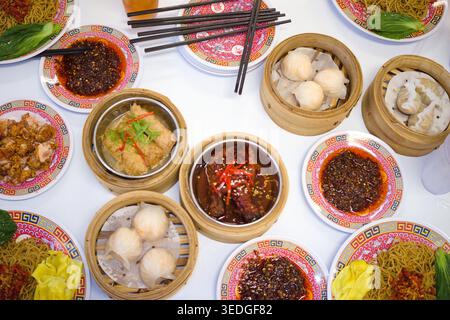 Un festin de dim sum chinois et de nouilles réparties sur une table blanche, avec diverses boulettes cuites à la vapeur dans des paniers en bambou, des sauces épicées et de longues côtelettes Banque D'Images
