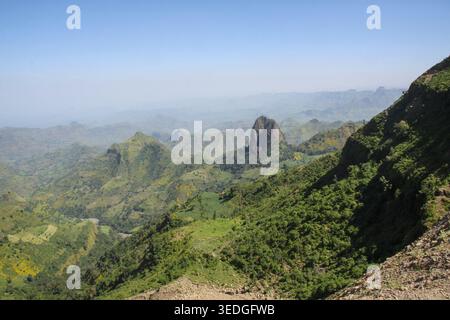 vue sur le parc national des montagnes du Simien avec des pics déchiquetés spectaculaires, des vallées verdoyantes et une végétation typique de haute altitude sous un ciel bleu clair, Banque D'Images