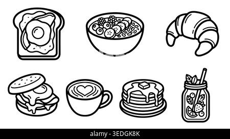 Contour dessiné à la main éléments noirs et blancs du petit-déjeuner du matin comprenant croissant, crêpes, café, pain grillé avec oeuf et bol de céréales. Illustration de Vecteur