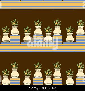 Un motif sans couture de plantes en pot dans des vases décoratifs avec des feuilles vertes et des accents jaunes. Idéal pour la conception textile, la décoration intérieure et méditerranéenne Illustration de Vecteur