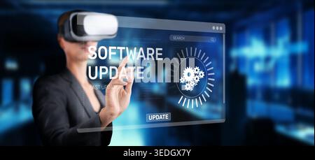 Un professionnel s'engage avec une interface de mise à jour logicielle numérique grâce à la technologie de réalité virtuelle, mettant en évidence les affaires modernes Banque D'Images