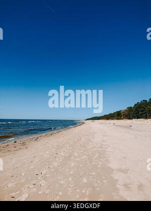 Une vaste plage de sable rencontre un océan calme sous un ciel bleu clair, créant une scène côtière sereine avec un espace de copie naturel. Idéal pour les voyages, l'été, bien Banque D'Images