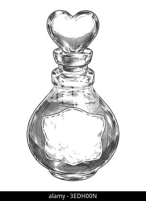 Gravure détaillée dessinée à la main d'une bouteille en verre magique avec un bouchon en forme de coeur et une étiquette vierge. Excellent pour la marchandise de la Saint-Valentin, Illustration de Vecteur