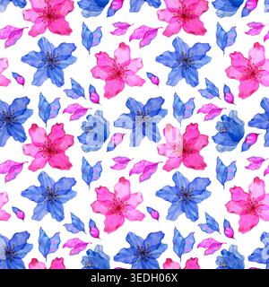 Motif aquarelle vibrant sans couture avec fleurs et pétales dessinés à la main roses et bleus. Illustration florale élégante parfaite pour les textiles de printemps Banque D'Images