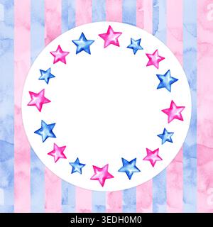Cadre circulaire aquarelle orné d'étoiles roses et bleues sur une base texturée rayée. Bordure de révélation de genre dessinée à la main parfaite pour la douche de bébé Banque D'Images
