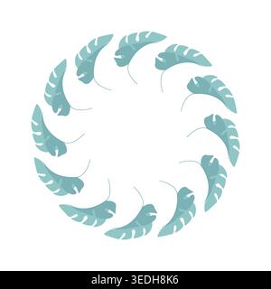 Couronne circulaire de feuilles de monstera bleu-vert stylisées avec des détails découpés, disposés dans un motif symétrique en spirale, cadre botanique décoratif perfe Banque D'Images