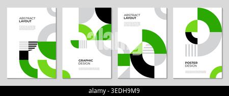 Affiches d'affaires avec une disposition géométrique moderne verte et grise. Fond vectoriel de motif graphique abstrait avec des formes d'art minimalistes. Affiche ou brochure géométrique d'affaires de cercles et de lignes futuristes Illustration de Vecteur