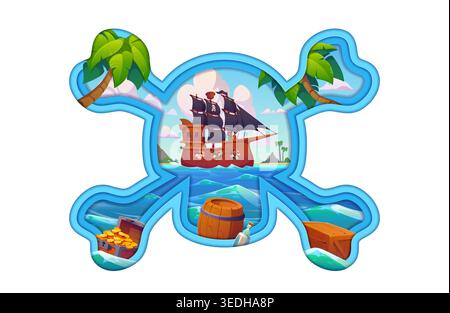 Forme de crâne PaperCut avec bateau à voile pirate, marins corsaires, trésors et île tropicale. 3d vecteur papier coupé célébrité, frontière Jolly Roger évoquant l'aventure en mer, la chasse au trésor et l'exploration nautique Illustration de Vecteur