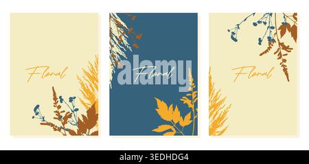 Ensemble de modèles de flyer botanique avec espace de copie et silhouettes de plantes sauvages pour invitations à des événements, cartes de visite et marketing de marque organique. Illustration vectorielle Illustration de Vecteur
