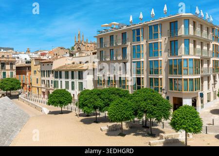 Une place ensoleillée de Palma de Majorque, en Espagne, avec une façade d'hôtel moderne, des arbres verdoyants et la cathédrale gothique historique au loin. Banque D'Images