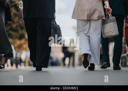 Les gens d'affaires marchant dans une rue de la ville transportant des serviettes et des sacs dans une vue à angle bas Banque D'Images