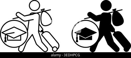 Icônes d'accès à l'éducation. Illustrations vectorielles en noir et blanc. Réfugié avec une valise et diplôme Cap. Ecole et enseignement universitaire, poursuite Illustration de Vecteur
