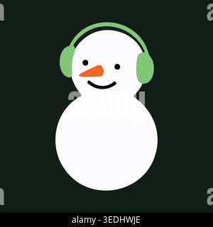 Illustration simple d'un bonhomme de neige portant des cache-oreilles vert vif avec un petit nez de carotte et le visage souriant. Illustration de Vecteur