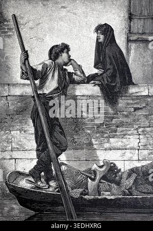 'Jeune couple amoureux de Venise, Italie ; conversation intime entre un gondolier dans son bateau et une femme assise sur un mur de canal ; illustration de 1890, reproduction d'un original du XIXe siècle. Authentique, fichier restauré pour une utilisation optimale ; date exacte de l'original inconnu ; historique.' Banque D'Images
