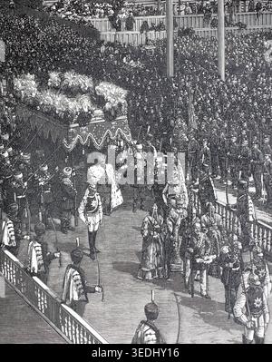Couronnement du tsar Nicolas II de Russie en 1896. Le tsar Nicolas II (1868-1918) fut le dernier empereur de l'Empire russe et le dernier chef de la dynastie Romanov. Il règne de 1894 jusqu'à son abdication forcée le 15 mars 1917, à la suite de la Révolution de février. Illustration, reproduction d'un original du XIXe siècle. Authentique, fichier restauré pour une utilisation optimale, date exacte de l'original inconnu. Historique. Banque D'Images