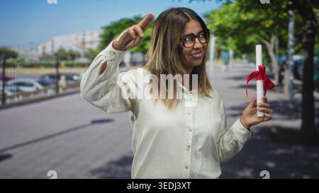Femme tient le rouleau de diplôme avec ruban rouge, sourit et pointe doigt vers le haut sur la rue ; accomplissement de fierté. Banque D'Images