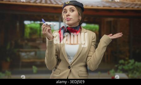 Agent de bord en blazer beige, casquette marine et écharpe rouge tient un avion jouet, des lèvres et des hauteurs de cou avec les mains levées à côté du bâtiment, suggérant p Banque D'Images