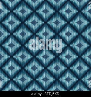 Motif abstrait ikat sans couture avec grille en forme de diamant. Fond de texture de trait de pinceau bleu clair monochrome dessiné à la main. Design moderne pour papier peint ou textile. Ornement décoratif surface tendance. Banque D'Images