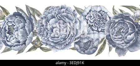 Aquarelle bleu indigo fleur de pivoine botanique bordure sans couture. Guirlande luxuriante dessinée à la main avec des feuilles dans un style délicat vintage. Conception florale pour carte de mariage romantique ou modèle de séparateur décoratif. Banque D'Images