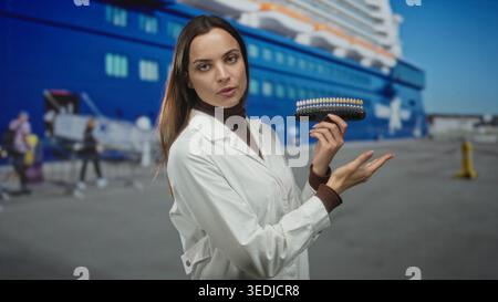 Jeune femme dentiste tient le guide de teinte dentaire et inspecte l'échantillon de dent à Port Street près du quai tout en portant la blouse de laboratoire ; concentration clinique. Banque D'Images