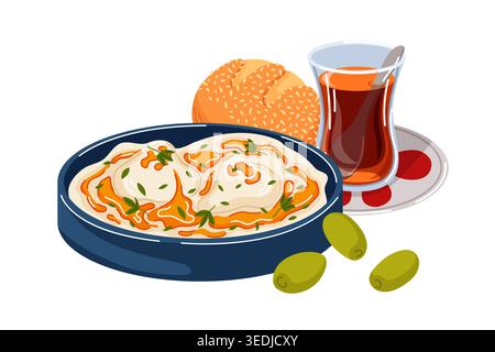 Petit-déjeuner turc traditionnel composé de cilbir, d'un verre de thé, de pain pogaca frais et d'olives vertes. Illustration de style de dessin animé pour la conception de menu. Illustration de Vecteur
