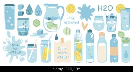 Illustrations dessinées à la main sur l'avantage de l'eau potable, bouteilles, verres, pichet d'eau avec citron, citron vert, concombre, texte motivant Illustration de Vecteur