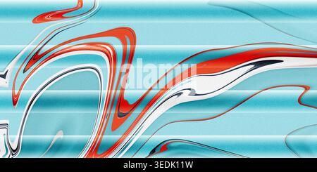 Cette image présente une œuvre d'art abstrait dynamique avec des lignes rouges, blanches et bleues tourbillonnantes sur un fond bleu clair, créant une sensation de mouvement et Banque D'Images