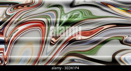 Cette image présente une œuvre d'art abstraite vibrante avec des motifs tourbillonnants de couleurs vertes, rouges, grises et blanches, créant une exper visuelle captivante Banque D'Images
