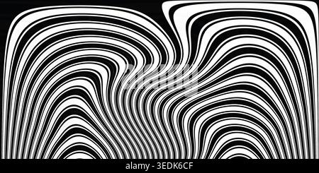 Un arrière-plan abstrait à fort contraste avec des lignes verticales noires et blanches fluides et ondulantes qui créent une effe d'illusion d'optique dynamique et hypnotique Banque D'Images