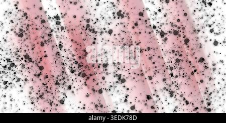 Un fond abstrait dynamique composé de taches d'encre noire et d'éclaboussures de peinture placées sur un fond blanc avec des traits de pinceau rose diagonaux proéminents. Banque D'Images