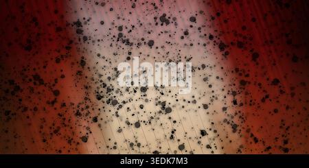 Un fond abstrait expressif avec des éclaboussures d'encre noire sur une surface texturée avec un dégradé chaud rouge et beige et des lignes subtiles. Banque D'Images