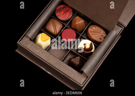 Macro-plan détaillé de pralines artisanales et chocolats noirs Banque D'Images