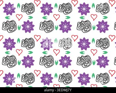 Motif floral sans couture avec lotus violet et coeurs dessinés à la main sur fond blanc propre. Illustration de Vecteur