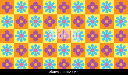 Motif floral vibrant avec des fleurs colorées sur un fond de damier joyeux. Illustration de Vecteur