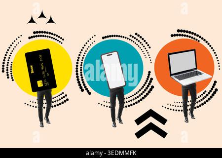 Homme jambes avec un ordinateur portable, un smartphone et une carte de crédit dans le corps sur un cercle bleu, orange et jaune Banque D'Images