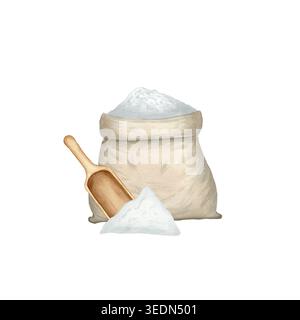 Illustration à l'aquarelle dessinée à la main du sac de farine avec cuillère en bois et pile de farine. Composition des ingrédients de cuisson isolée sur fond blanc. Banque D'Images