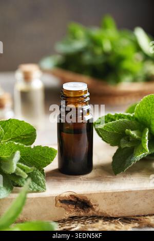 Une bouteille foncée d'huile essentielle avec des feuilles de menthe poivrée verte sur une table Banque D'Images