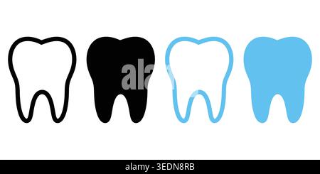 Une collection d'icônes de dents avec des contours et des styles solides dans des couleurs noires et bleues, parfaites pour les cliniques dentaires, l'hygiène bucco-dentaire et la santé médicale Illustration de Vecteur