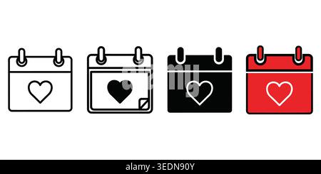 Une collection de quatre icônes de calendrier avec des formes de coeur, parfait pour représenter la Saint-Valentin, les anniversaires, les dates de mariage, ou des événements romantiques Illustration de Vecteur