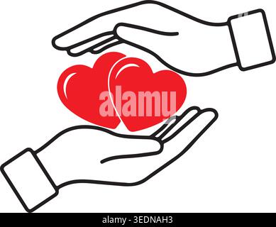 Paire de mains abritant des symboles de double cœur rouge. Concept de protection familiale et de soins mutuels. Illustration graphique simple sur fond blanc pour h. Illustration de Vecteur