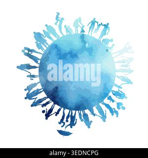 Monde bleu abstrait et gens heureux. Silhouettes de personnes autour du globe. dessiné à la main. Pas ai, illustration vectorielle Illustration de Vecteur