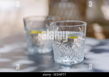 Deux verres d'eau de citron sous lumière filtrée dans un cadre naturel Banque D'Images