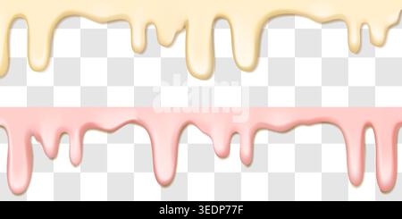 Sauce crémeuse, fondant avec des gouttes roses. Texture 3D liquide, slime blanc. Des éclaboussures réalistes de lait de vanille et de yaourt. Goutte vectorielle de sirop, peinture pastel Illustration de Vecteur